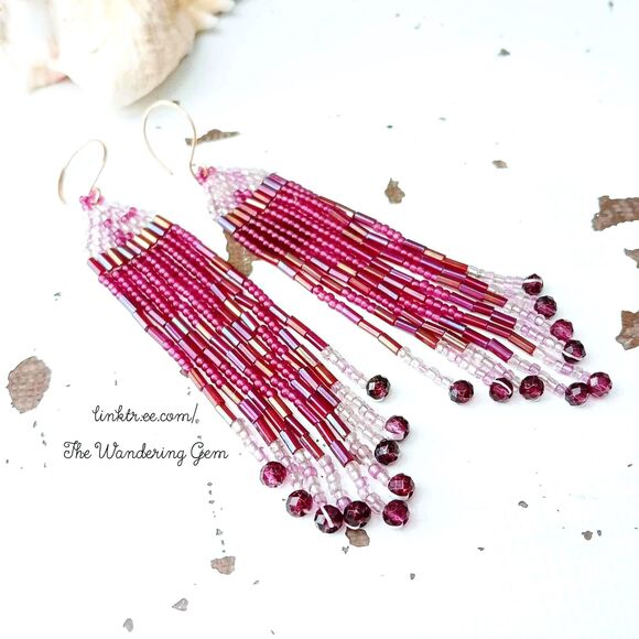 Beaded Fringe Cascade Shoulder Duster Dangle Earrings, Boho Chic Plum 4" - Picture 1 of 6